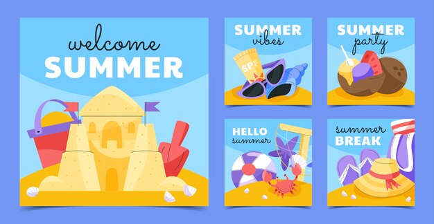 Vector gratuito colección plana de publicaciones de instagram de verano