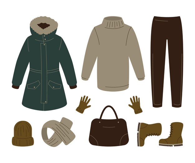 Colección plana de ropa de invierno y básicos