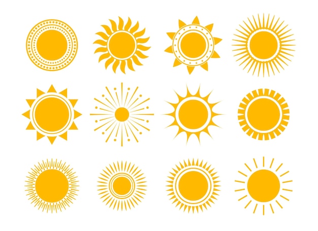 Vector gratuito colección plana de sol amarillo de verano en diferentes estilos.