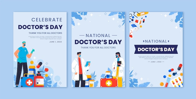 Vector gratuito colección plana de tarjetas del día del médico nacional