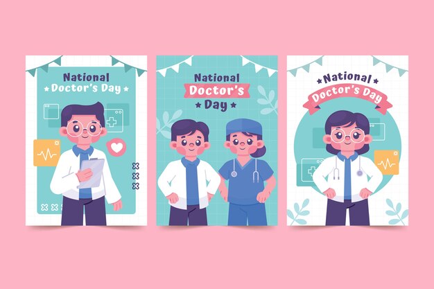Colección plana de tarjetas del día del médico nacional
