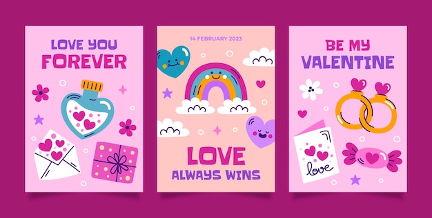 Colección plana de tarjetas de felicitación de celebración del día de san valentín