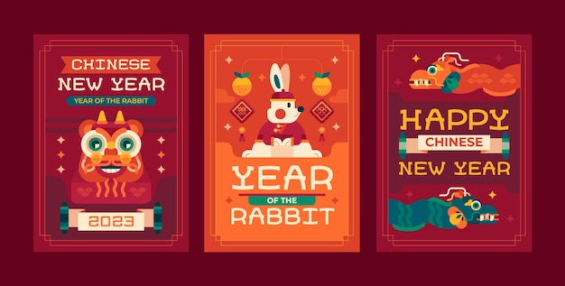 Vector gratuito colección plana de tarjetas de felicitación de celebración del festival de año nuevo chino