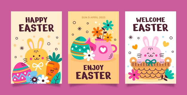 Vector gratuito colección plana de tarjetas de felicitación de celebración de pascua