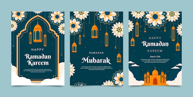 Vector gratuito colección plana de tarjetas de felicitación de celebración de ramadán