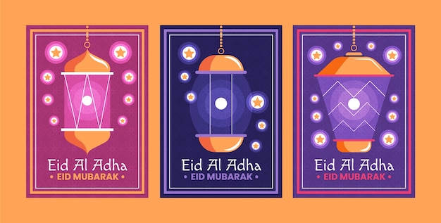 Vector gratuito colección plana de tarjetas de felicitación eid al-adha con linternas