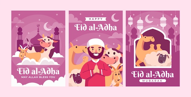 Colección plana de tarjetas de felicitación eid al-adha