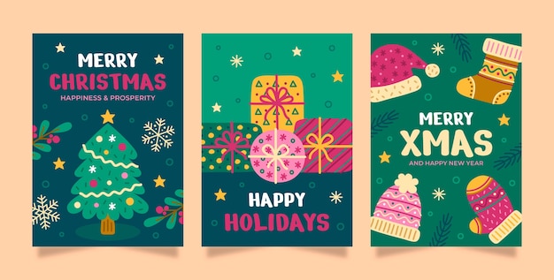 Colección plana de tarjetas de felicitación de feliz navidad