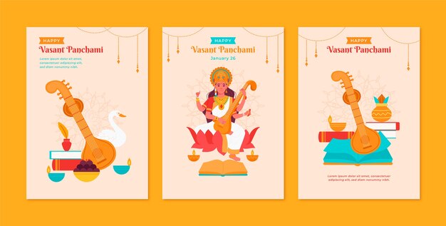 Colección plana de tarjetas de felicitación del festival vasant panchami