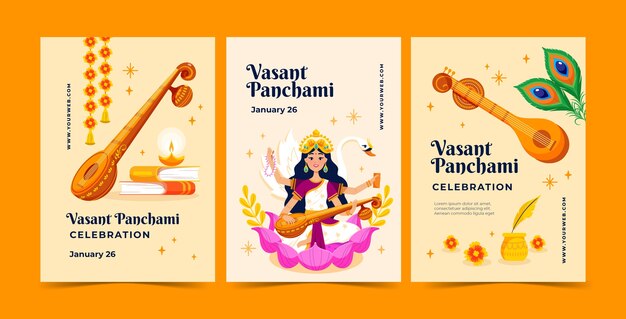 Colección plana de tarjetas de felicitación del festival vasant panchami