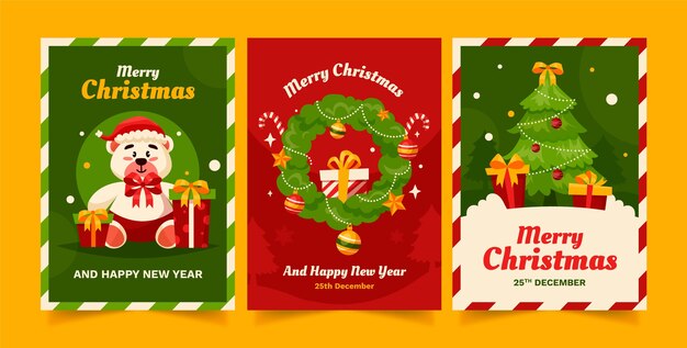 Colección plana de tarjetas de felicitación navideñas con oso y árbol.