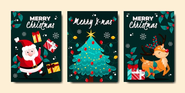 Colección plana de tarjetas de felicitación navideñas