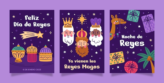 Colección plana de tarjetas de felicitación reyes magos