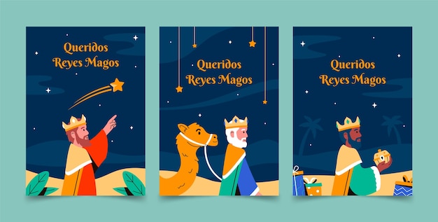 Vector gratuito colección plana de tarjetas de felicitación reyes magos