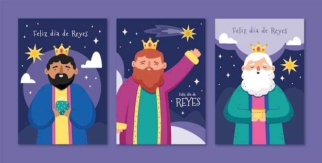 Vector gratuito colección plana de tarjetas de felicitación reyes magos