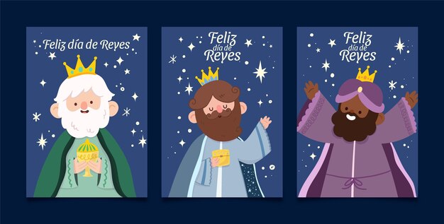 Colección plana de tarjetas de felicitación reyes magos