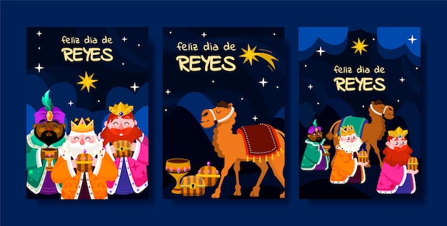 Colección plana de tarjetas de felicitación reyes magos