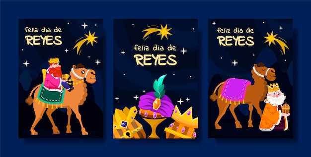 Vector gratuito colección plana de tarjetas de felicitación reyes magos