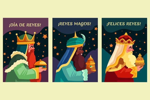 Colección plana de tarjetas de felicitación reyes magos