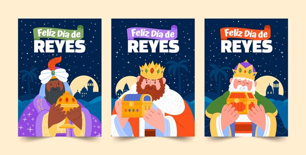 Colección plana de tarjetas de felicitación reyes magos