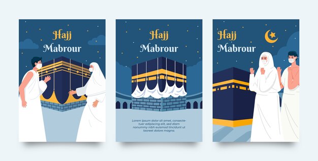 Colección plana de tarjetas hajj mubarak con personas rezando y la meca