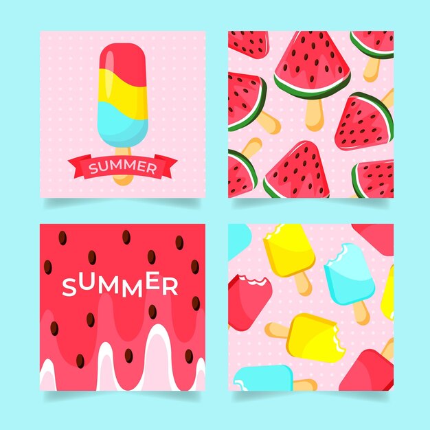 Colección plana de tarjetas de verano