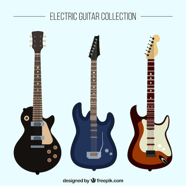 Colección plana de tres guitarras eléctricas