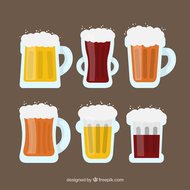 Colección plana de vasos y jarras de cerveza