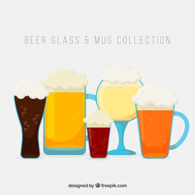 Vector gratuito colección plana de vasos y jarras de cerveza