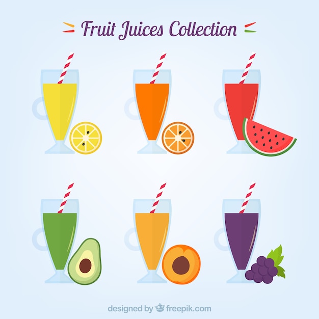 Colección plana de vasos con zumos de fruta sabrosos