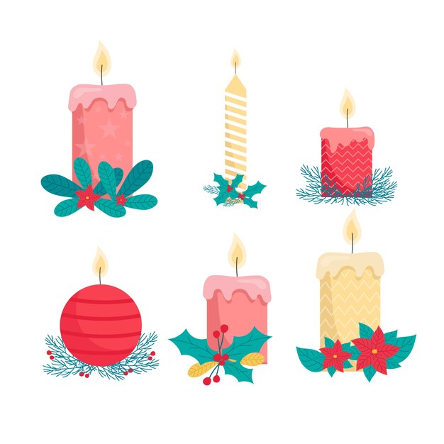 Colección plana de velas de navidad sobre fondo blanco.