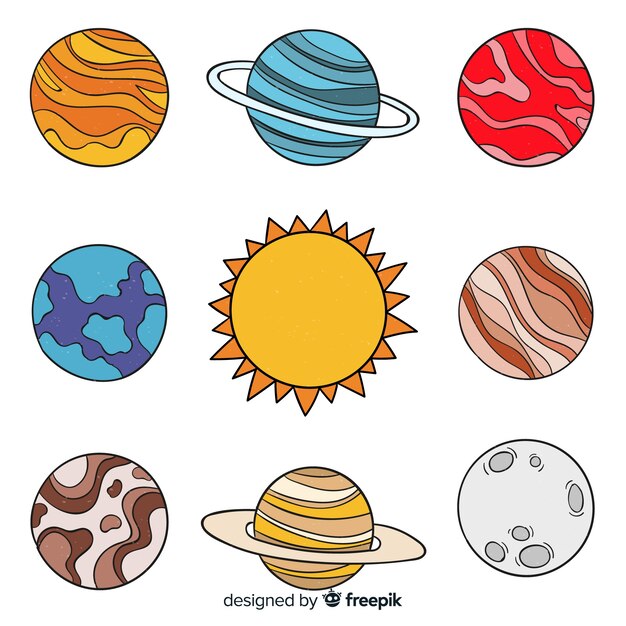 Colección de planetas coloridos dibujados a mano