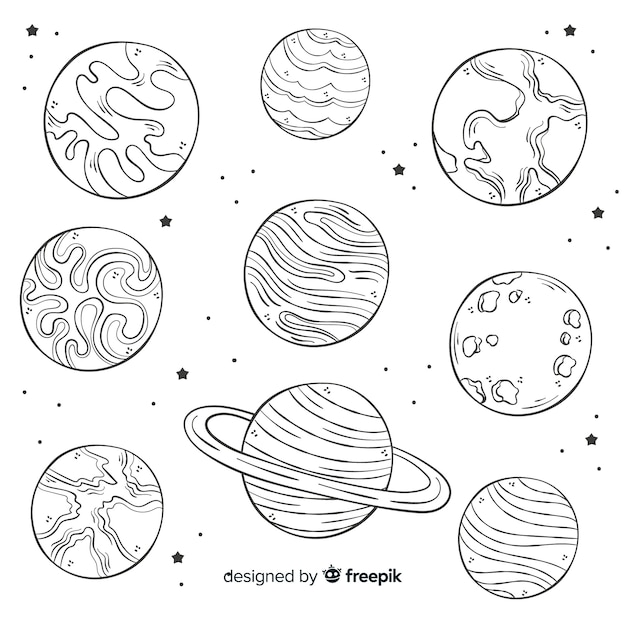 Colección de planetas dibujados a mano en estilo doodle