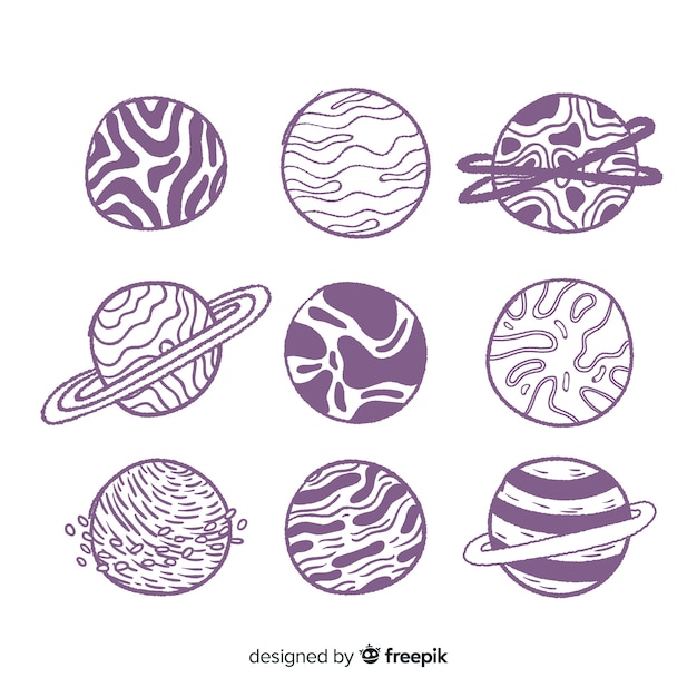 Vector gratuito colección de planetas dibujados a mano en estilo doodle