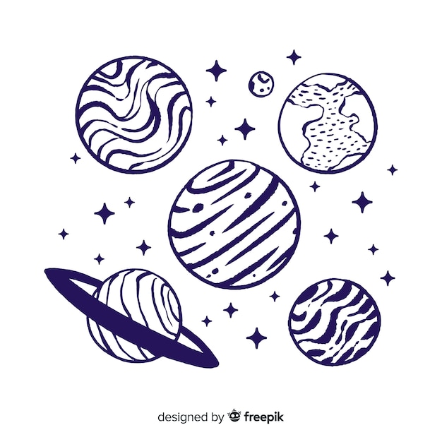 Vector gratuito colección de planetas dibujados a mano en estilo doodle