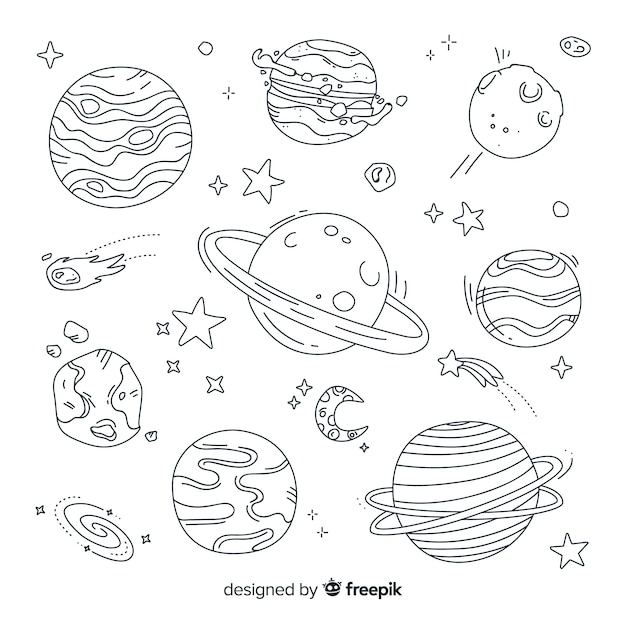 Vector gratuito colección de planetas dibujados a mano en estilo doodle