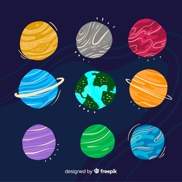 Vector gratuito colección de planetas dibujados a mano en estilo doodle