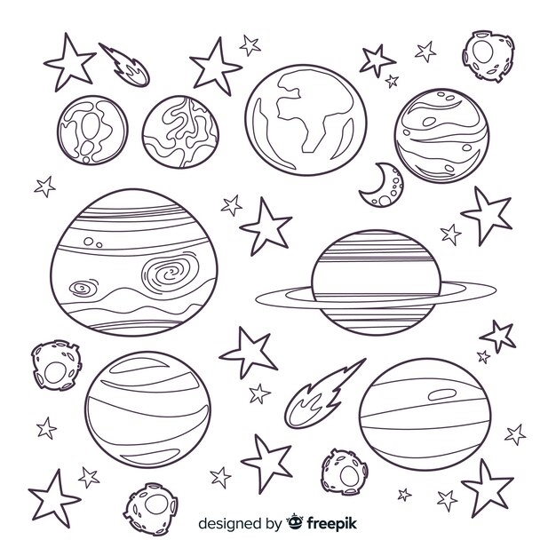 Colección de planetas dibujados a mano.