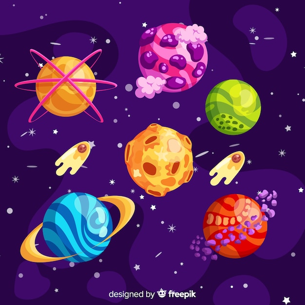 Colección de planetas de diseño plano con asteroide