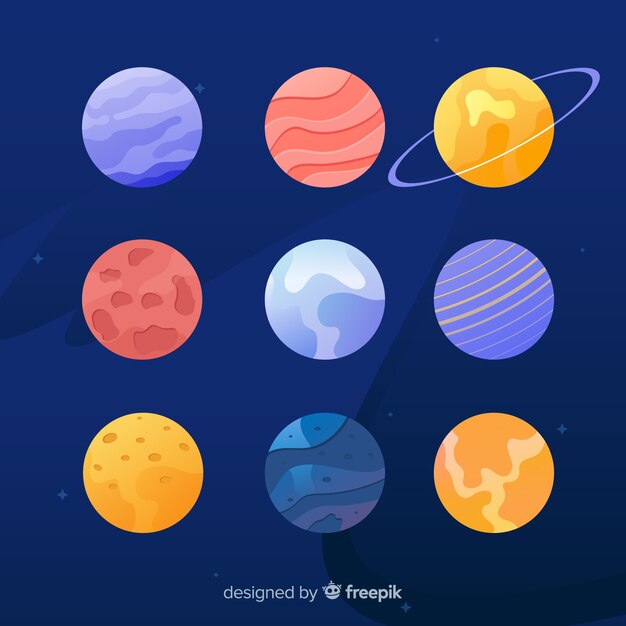 Colección de planetas de diseño plano sobre fondo cosmos