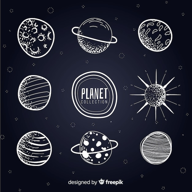 Vector gratuito colección de planetas de la vía láctea en blanco y negro