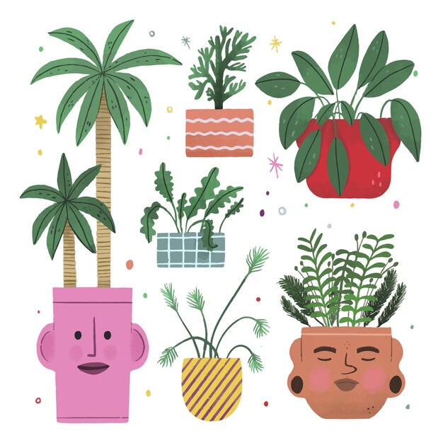 Colección de plantas de interior en macetas dibujadas a mano