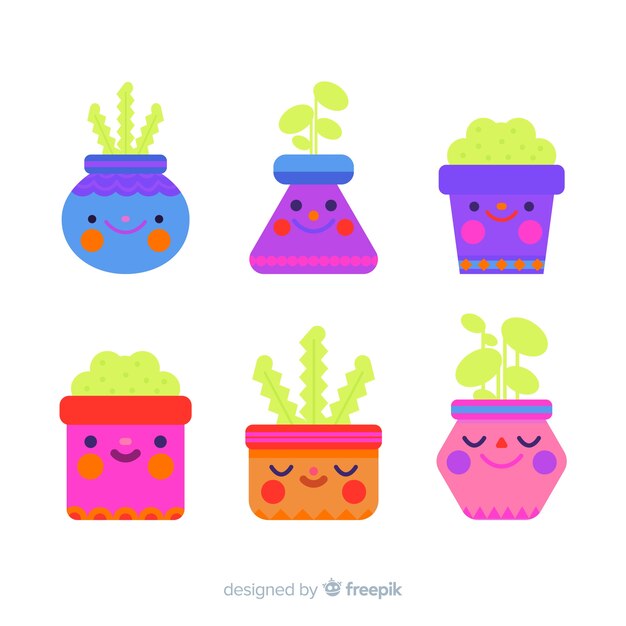 Colección plantas kawaii planas