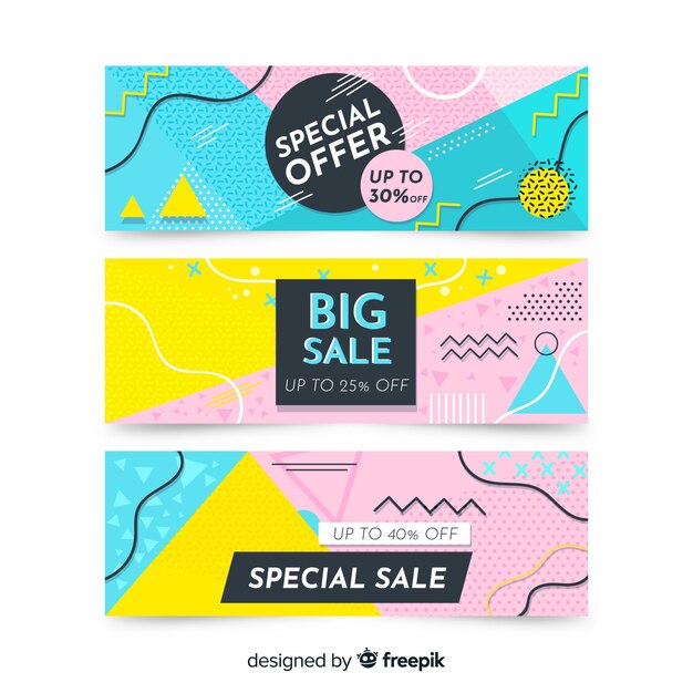 Colección de plantillas de banners de rebajas estilo memphis