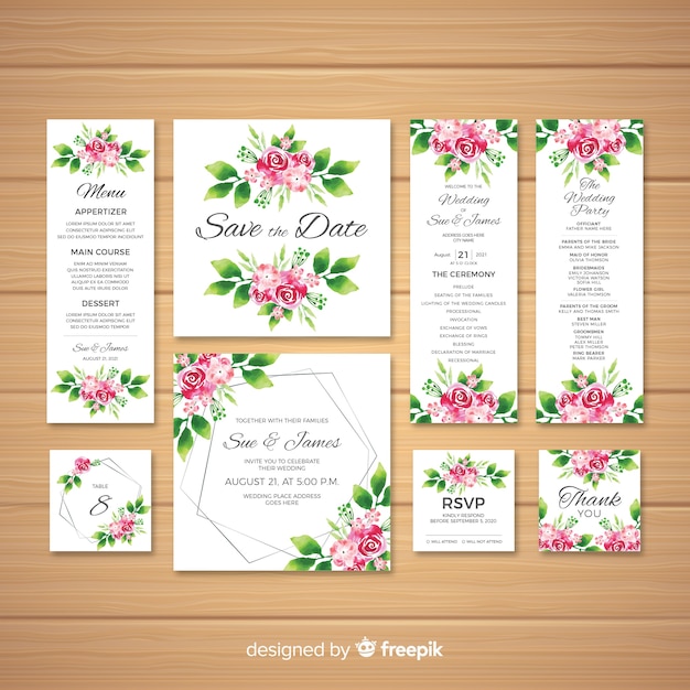 Vector gratuito colección de plantillas de material de papelería de boda en acuarela