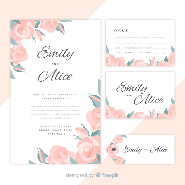 Vector gratuito colección de plantillas de material de papelería de boda en diseño plano