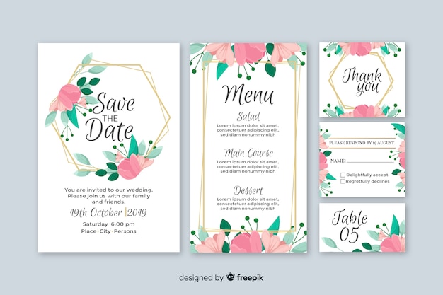 Vector gratuito colección de plantillas de material de papelería de boda en diseño plano