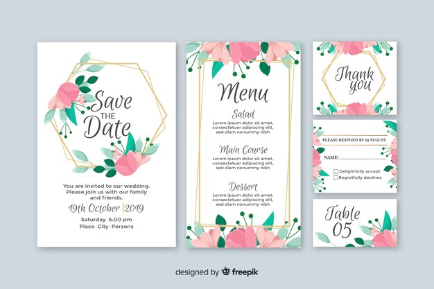 Colección de plantillas de material de papelería de boda en diseño plano
