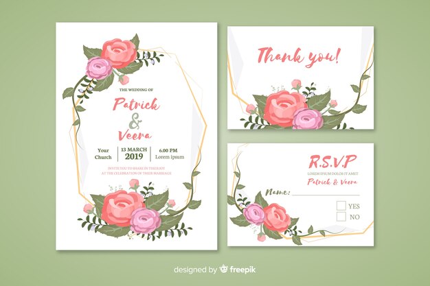 Vector gratuito colección de plantillas de material de papelería de boda en diseño plano