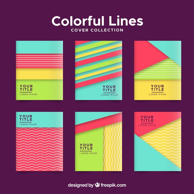 Colección de plantillas de portada con líneas coloridas